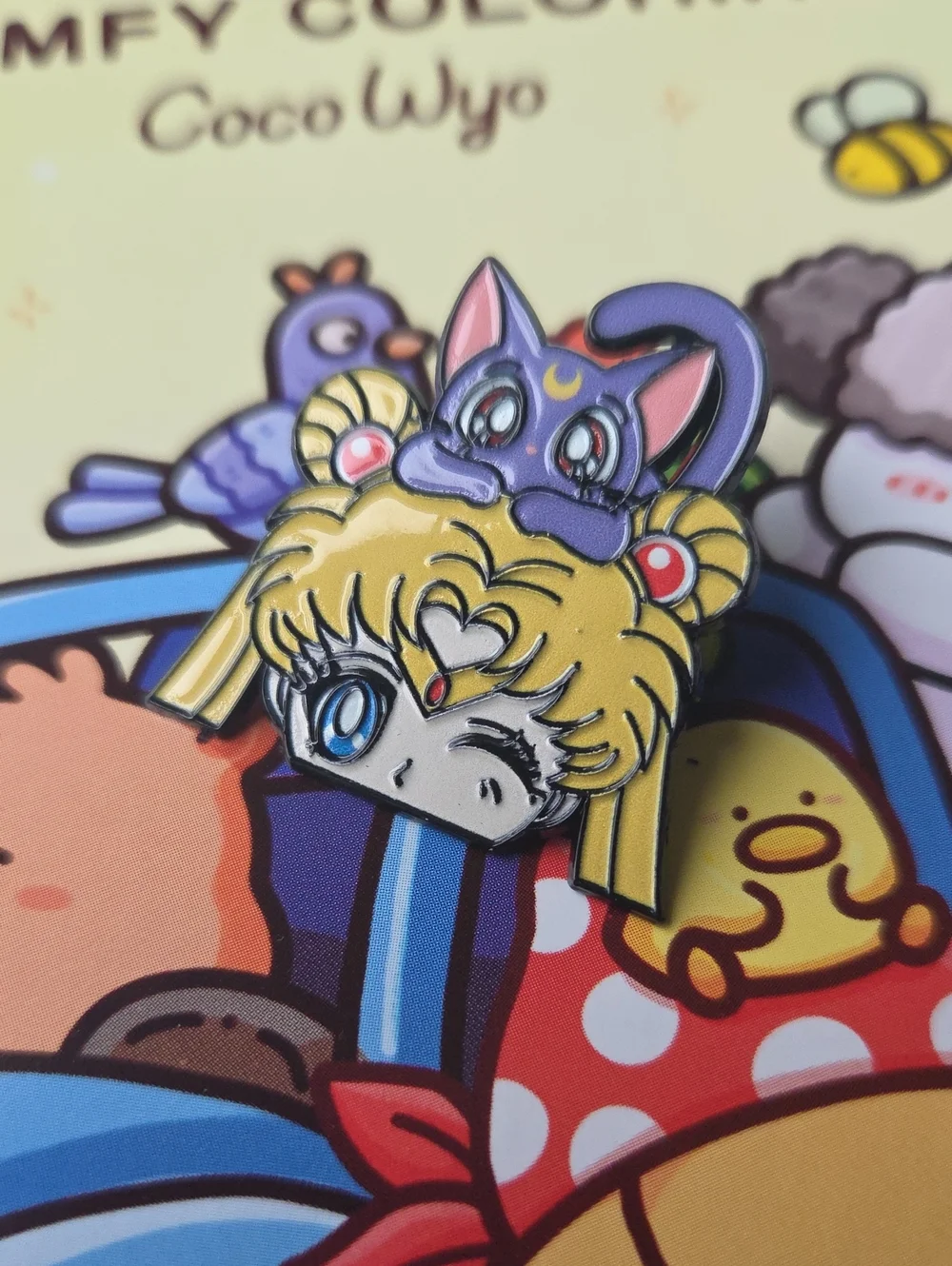Sailor-Inspired Cat Girl Enamel Pin in Yellow & Purple